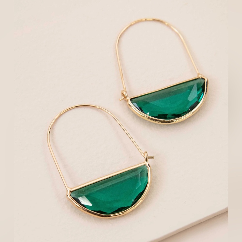 Crescent Gold and Green Glass Hoop Earrings